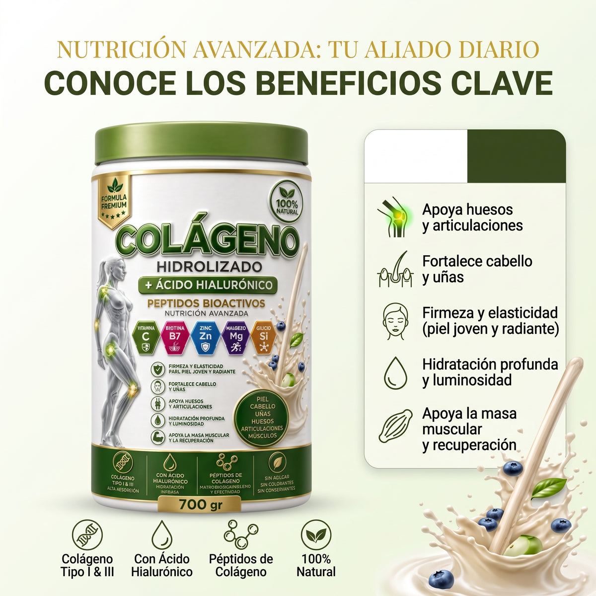 Colágeno Hidrolizado + Ácido Hialurónico en Polvo